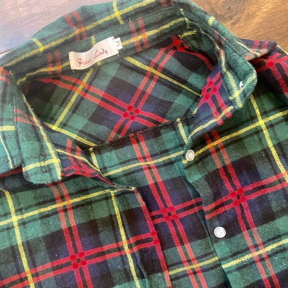 Green, Gold, Red Women’s Button Up Flannel - Picture 2 of 3